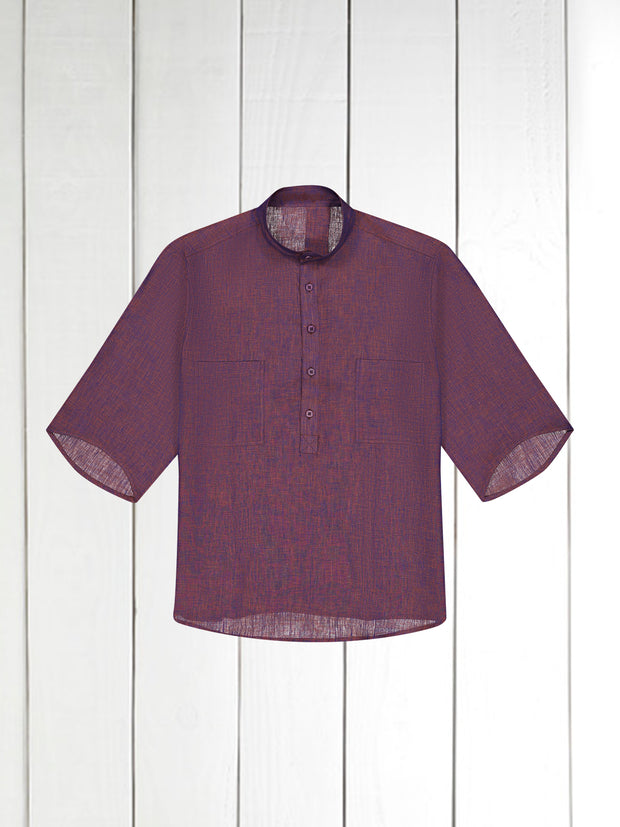 chemise Deauville manches courtes à col mao en lin aubergine