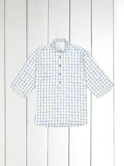 chemise Deauville manches courtes à col mao en lin à carreaux indigo