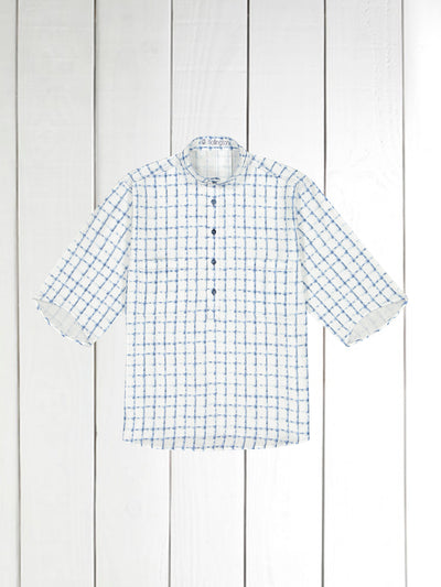 chemise Deauville manches courtes à col mao en lin à carreaux indigo