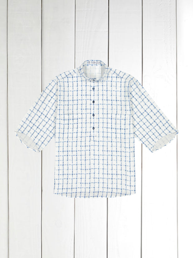 chemise Deauville manches courtes à col mao en lin à carreaux indigo