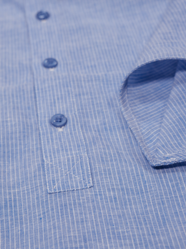 chemise Deauville manches courtes à col mao en lin rayures blanches