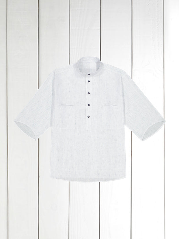 chemise Deauville manches courtes à col mao en lin naturel à rayures marines