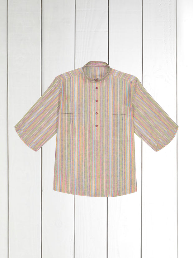 chemise Deauville manches courtes à col mao en lin à rayures multicolores