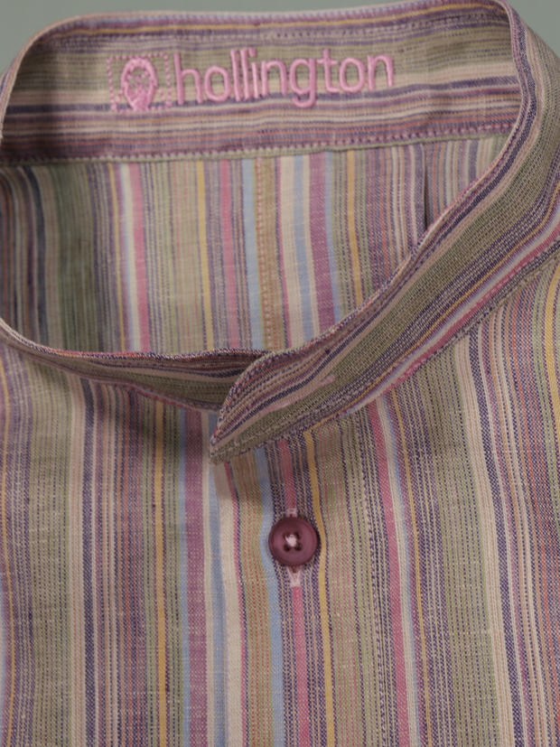 chemise Deauville manches courtes à col mao en lin à rayures multicolores