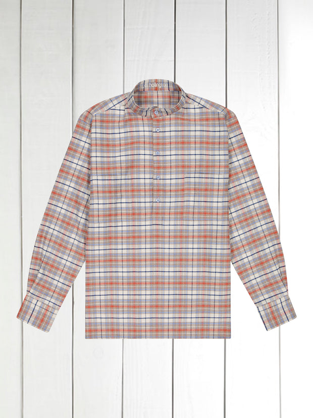 chemise col mao en flanelle de coton tartan gris