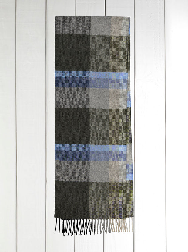 wool and cashmere scarf with large moss green checks
