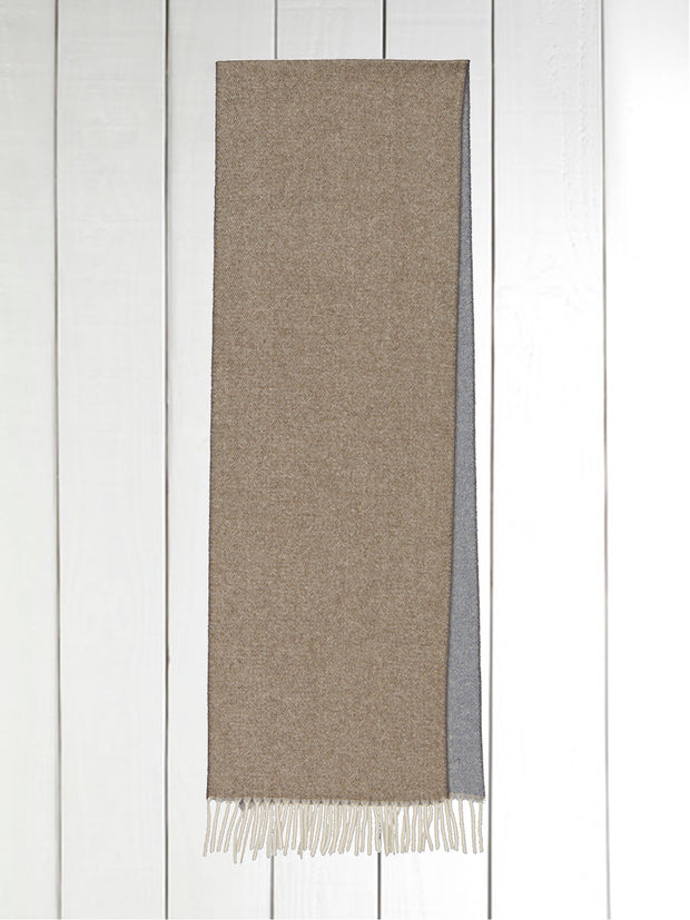double-sided cashmere fringed scarf in bolet on slate