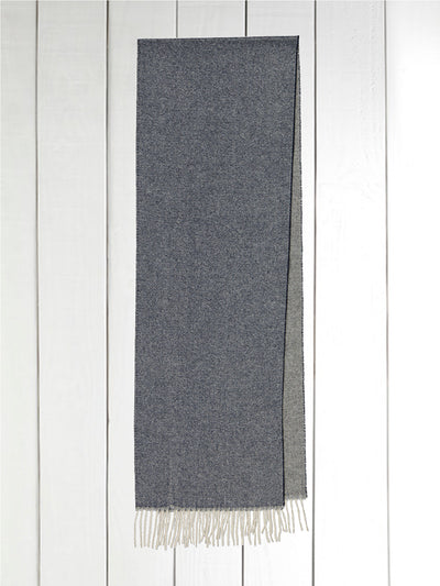 double-sided indigo cashmere fringed scarf on grey melange