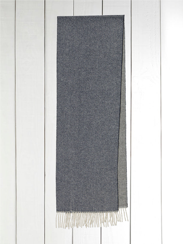 double-sided indigo cashmere fringed scarf on grey melange