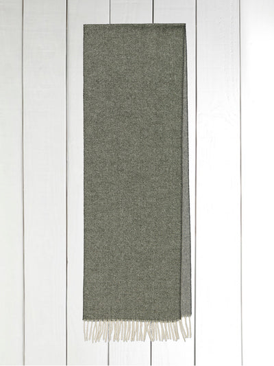 olive green double-sided cashmere fringed scarf on grey melange