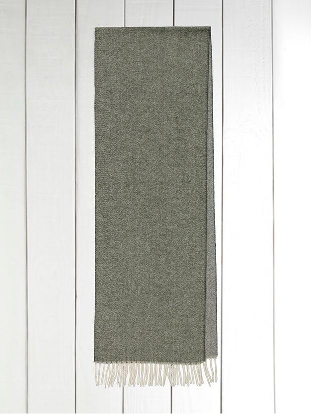 olive green double-sided cashmere fringed scarf on grey melange