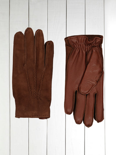 two-tone gloves in deer leather and cachou suede with cashmere lining