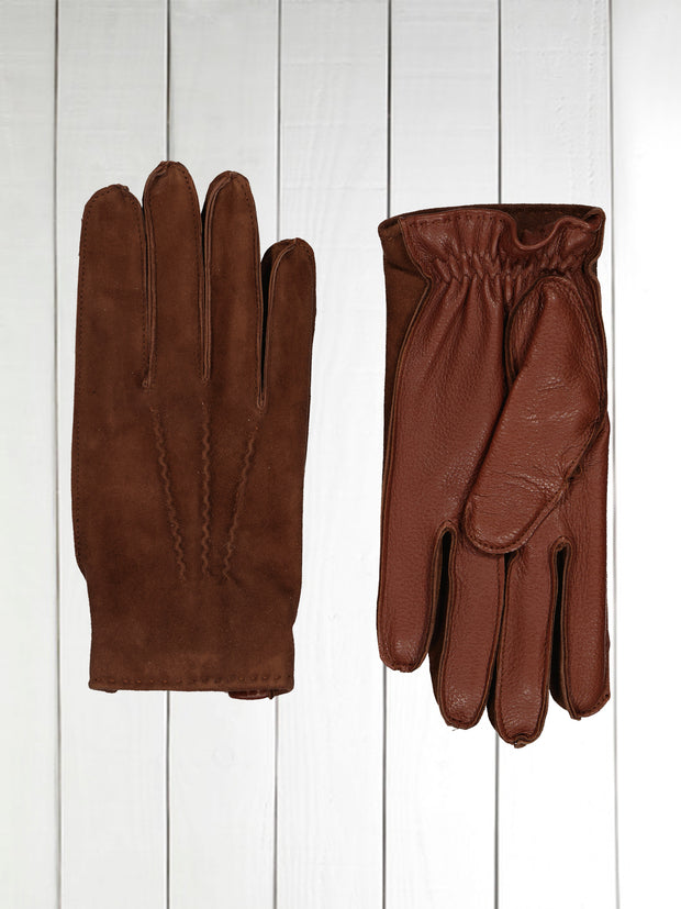 two-tone gloves in deer leather and cachou suede with cashmere lining