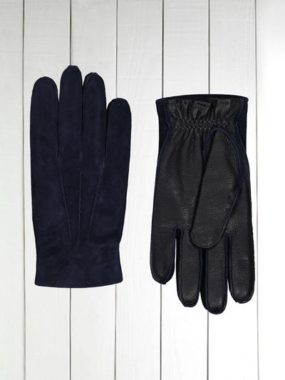 two-tone gloves in deer leather and navy suede with cashmere lining