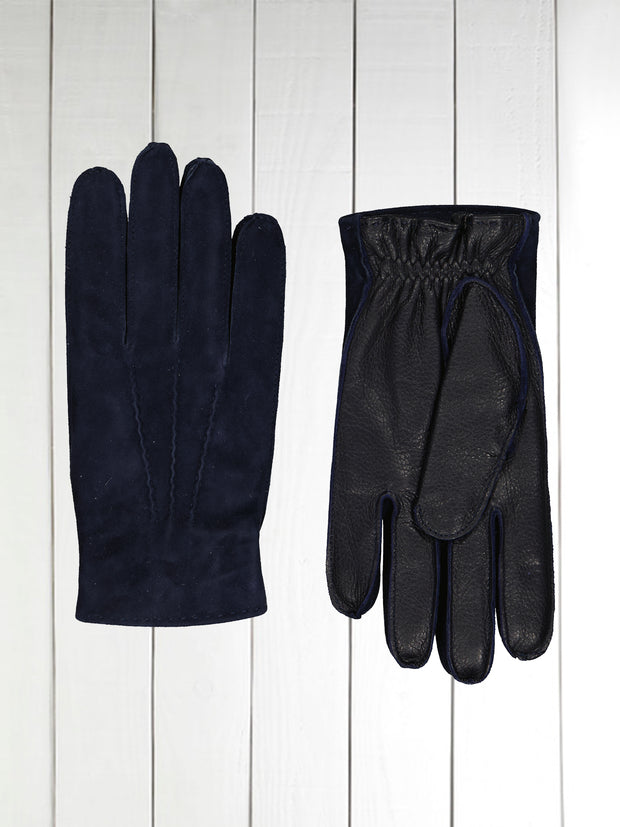 two-tone gloves in deer leather and navy suede with cashmere lining