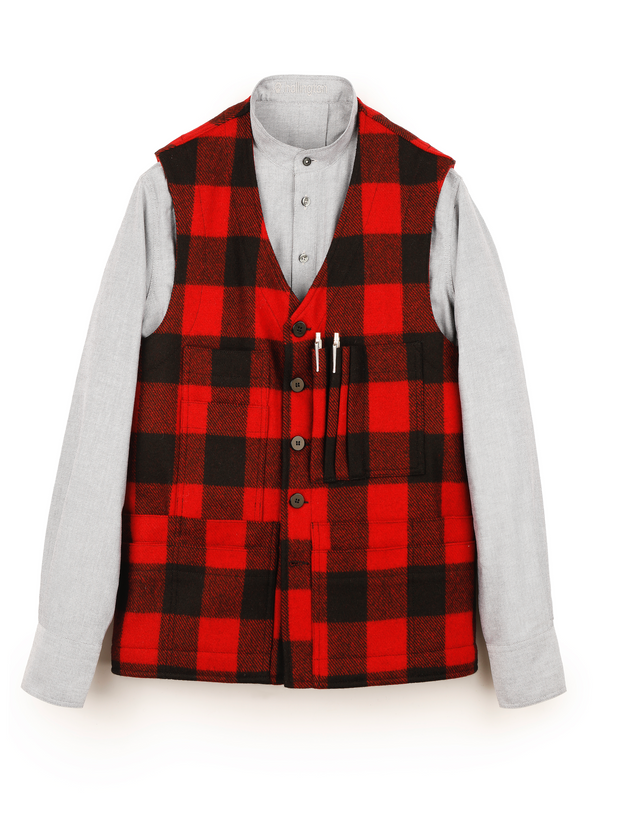 pré-commande gilet 20 poches en drap de laine à carreaux rouge et noir