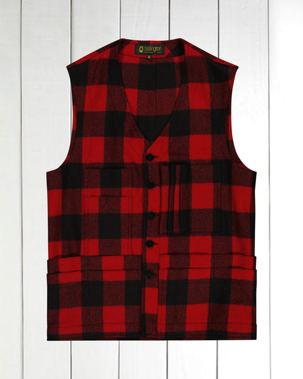 pré-commande gilet 20 poches en drap de laine à carreaux rouge et noir