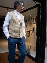 old-gold wool and linen 20-pocket waistcoat with fine herringbone pattern