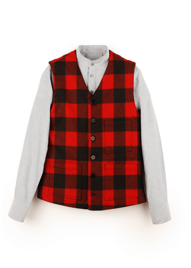 pré-commande gilet à poches plaquées en drap de laine à carreaux rouge et noire
