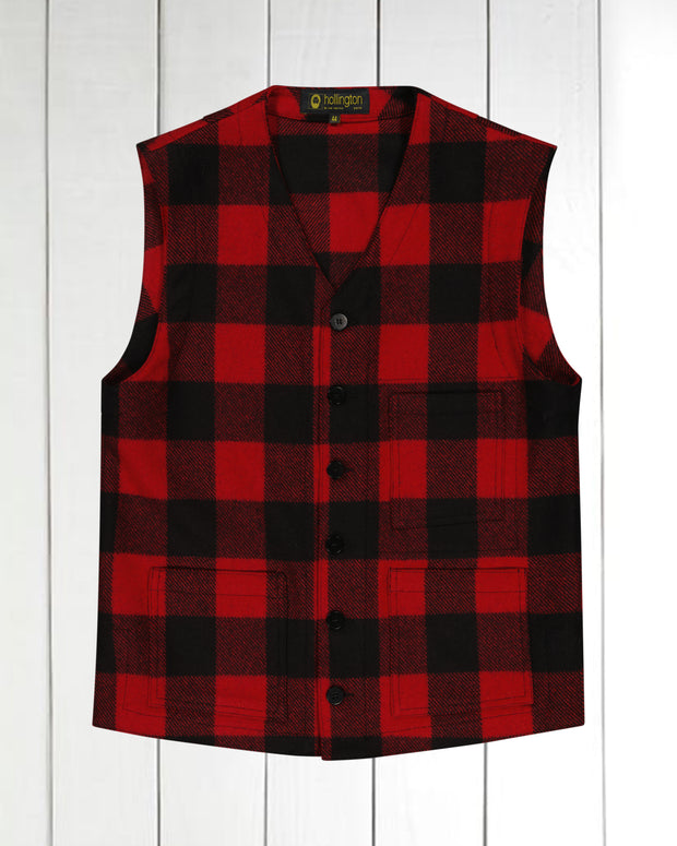 pré-commande gilet à poches plaquées en drap de laine à carreaux rouge et noire