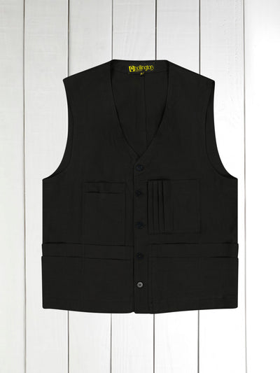 gilet 20 poches en toile noire de lin et coton invisible black check