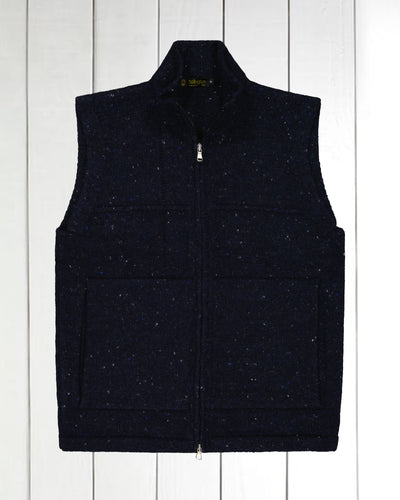 gilet zippé à col officier en laine et cachemire bleu profond moucheté Inis Meáin