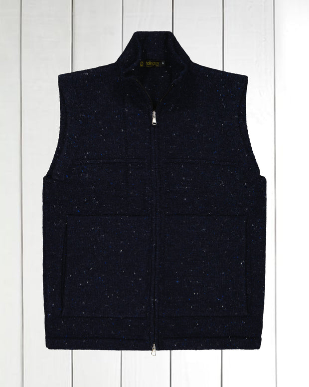 gilet zippé à col officier en laine et cachemire bleu profond moucheté Inis Meáin