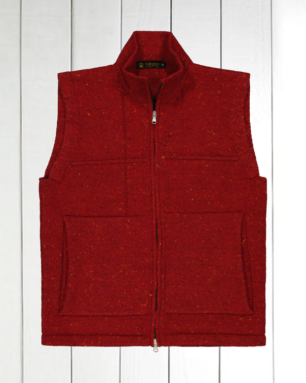 gilet zippé à col officier en laine et cachemire rouge moucheté Inis Meáin