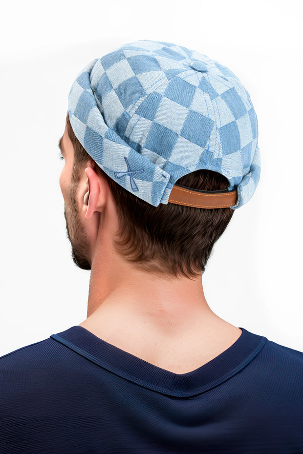 bonnet docker miki de chez Béton Ciré en denim damier