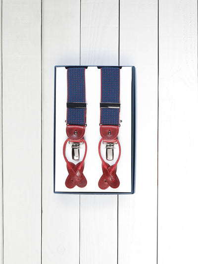 albert thurston navy red rain drops and leather elastic suspenders with metal clips