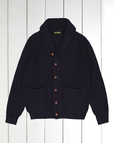 cardigan in 100% navy lambswool with shawl collar