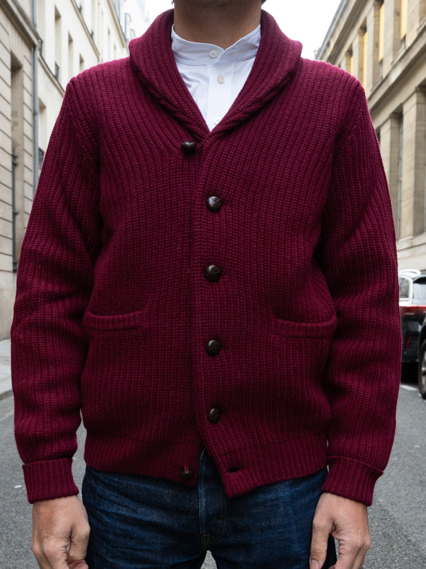 alan paine cardigan in 100% burgundy lambswool with shawl collar