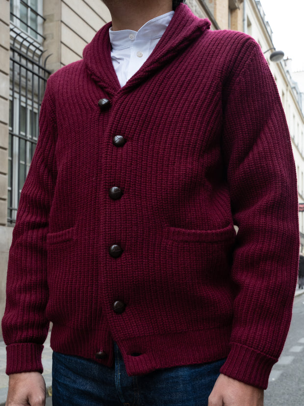 alan paine cardigan in 100% burgundy lambswool with shawl collar