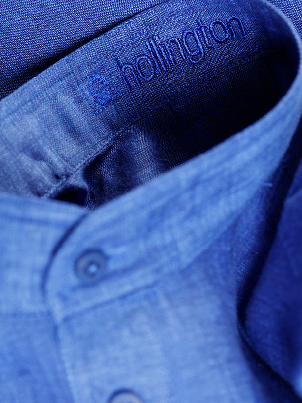 klein-blue pure-linen canvas mao-collar shirt