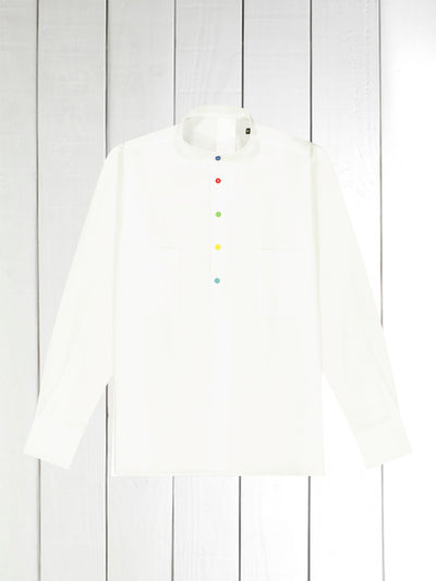 mao-collar shirt in white cotton canvas with multicolored buttons