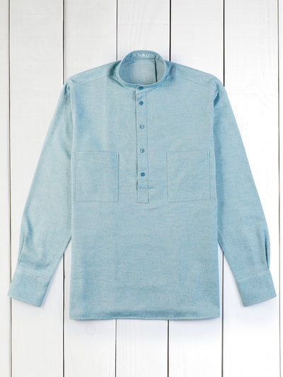 caspian-blue flannel nehru-collar shirt 