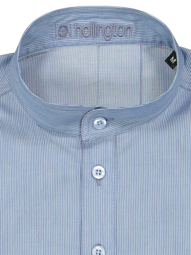 mao-collar shirt in powder blue pinstriped cotton 