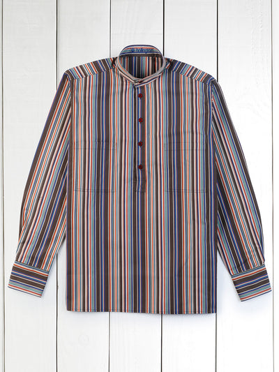 burgundy striped cotton canvas nehru-collar shirt 