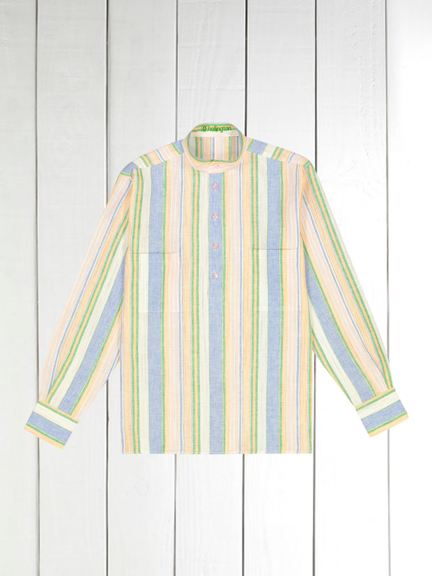 mao-collar shirt in pure linen with tangy fancy stripes 