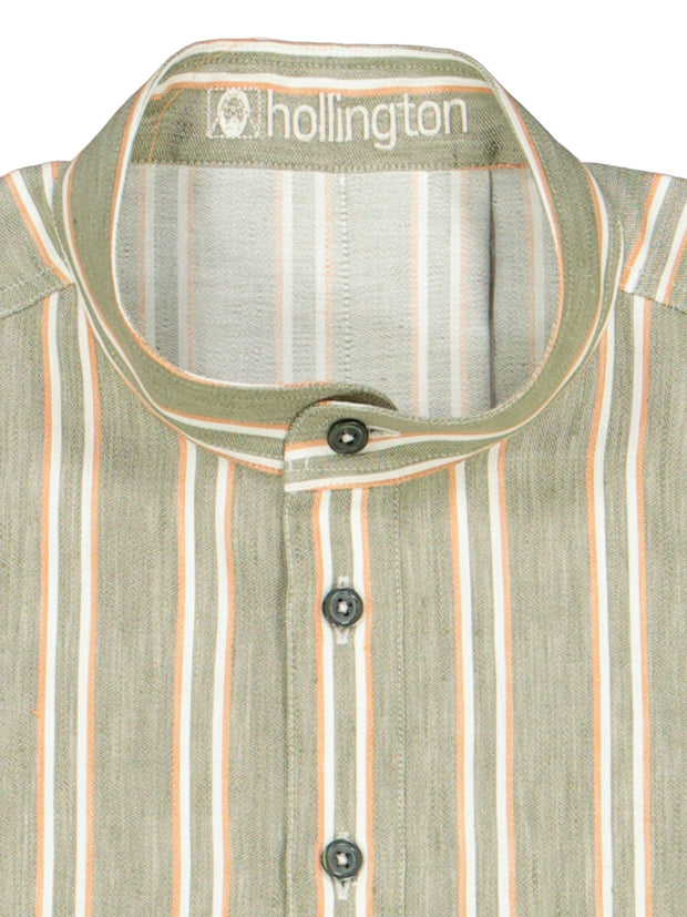 double-striped khaki linen and cotton mao-collar shirt 