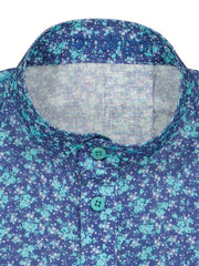 chemise col mao en lin à fleurs turquoise