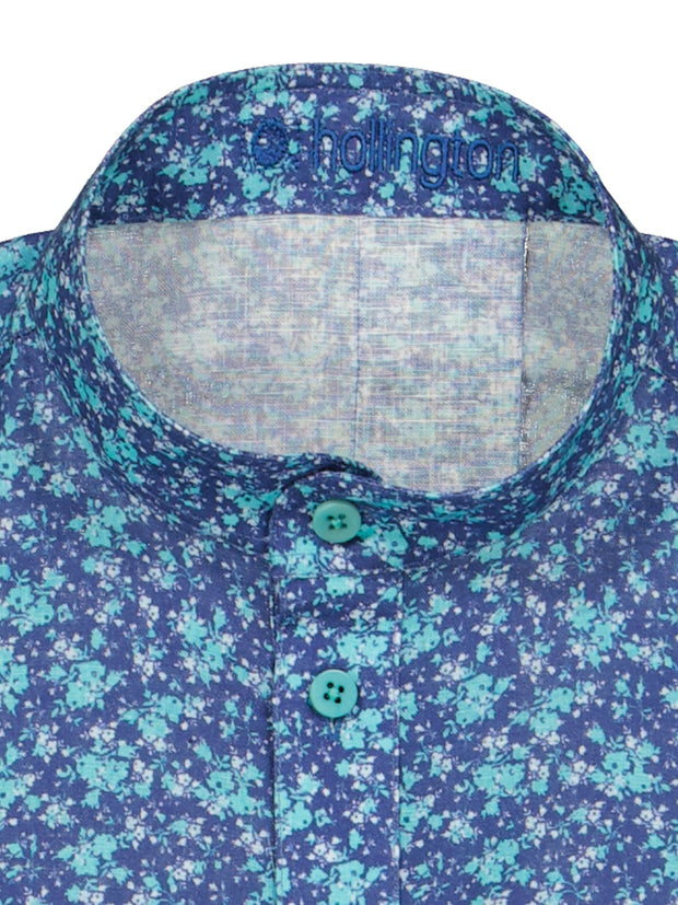 mao-collar shirt in linen with turquoise flowers