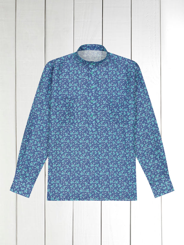 mao-collar shirt in linen with turquoise flowers