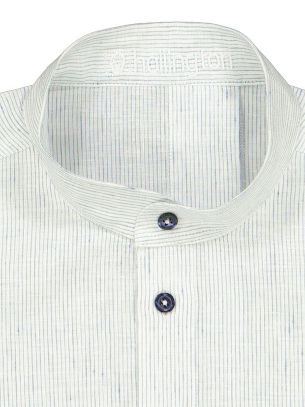 mao-collar shirt in natural linen with navy stripes