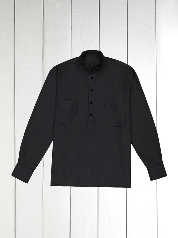 chemise col mao en coton brossé caviar noir