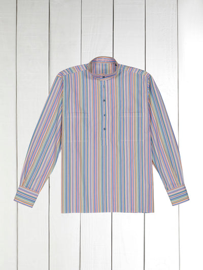 chemise col mao en popeline à rayures multicolores