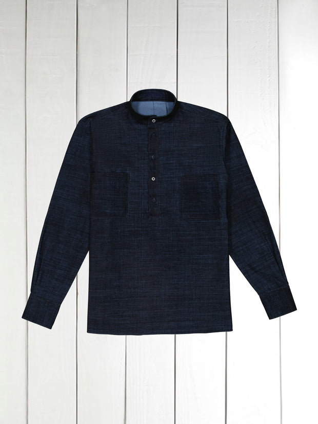 blue-marl stretch babycord mao-collar shirt