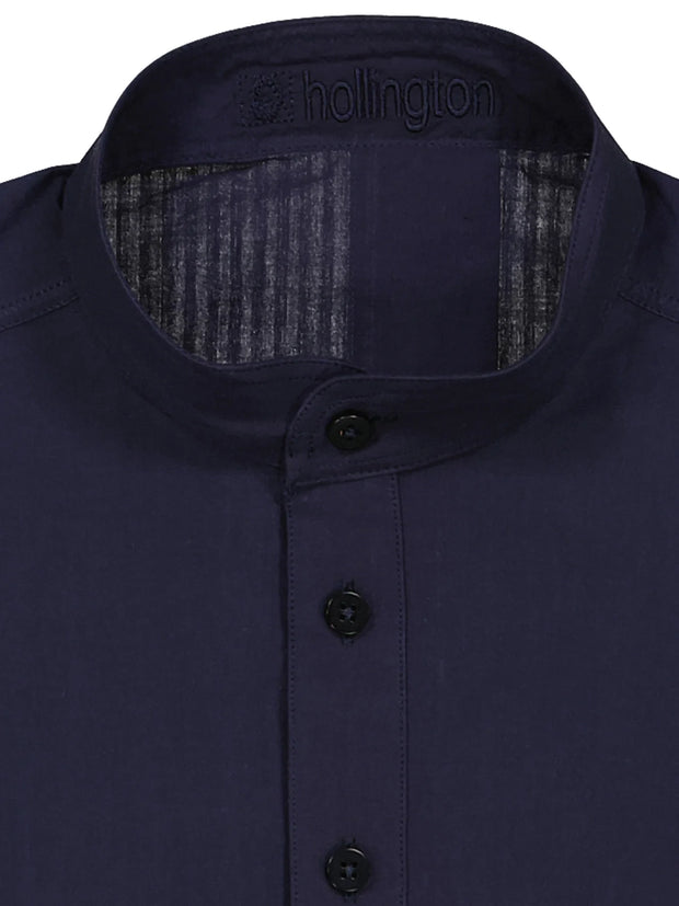 chemise Deauville manches courtes à col mao en coton marine à effet seersucker