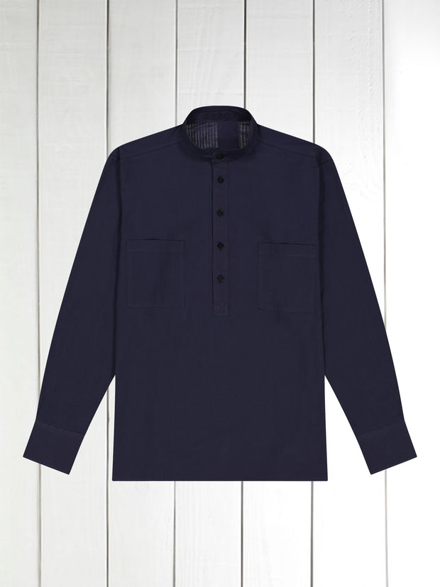 navy cotton mao-collar shirt with seersucker effect 