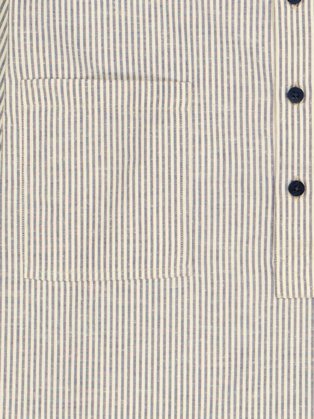 mao-collar shirt in off white and navy stripe cotton 